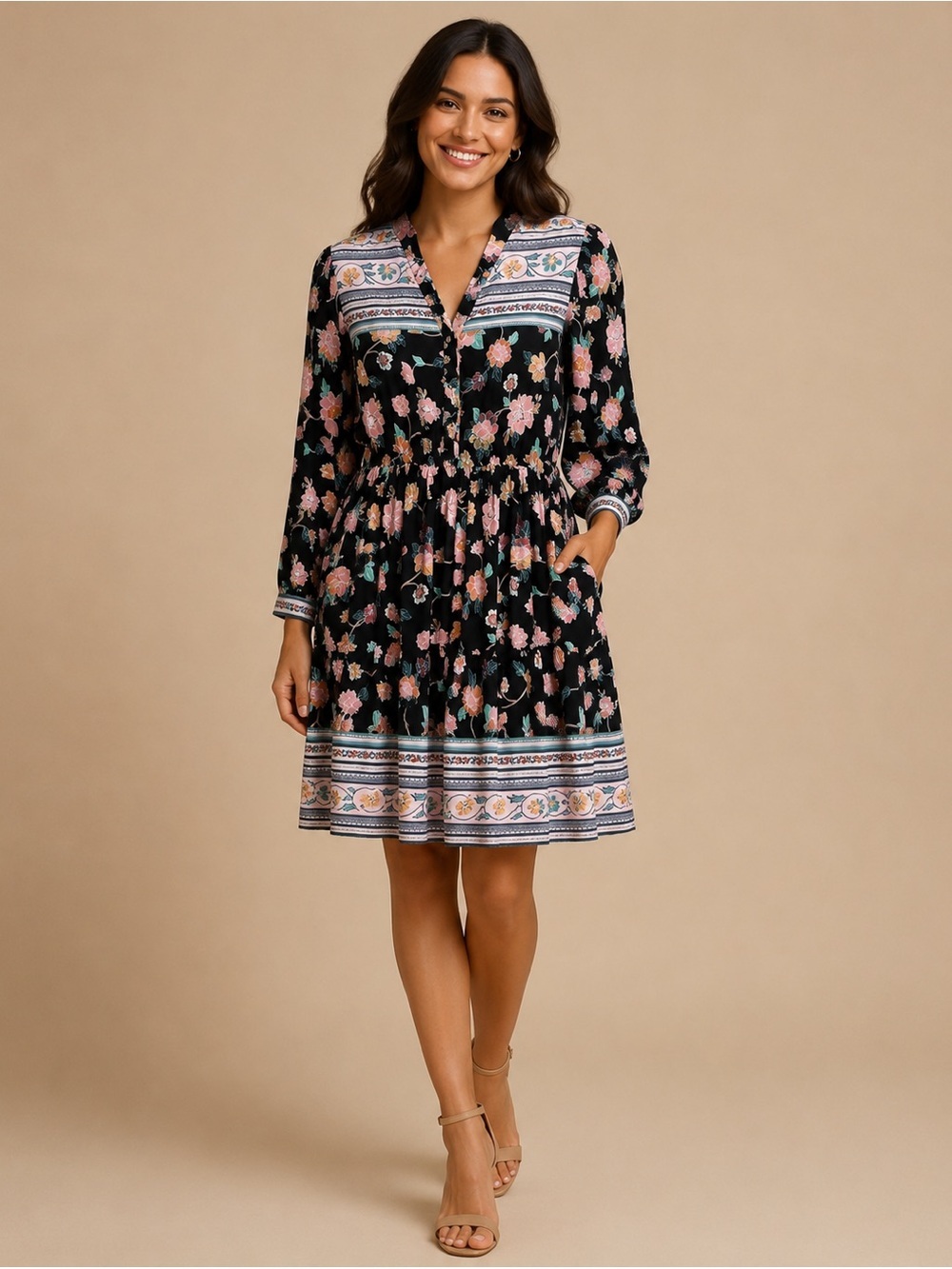 Umgee Floral Mixed Pattern Boho Midi Dress